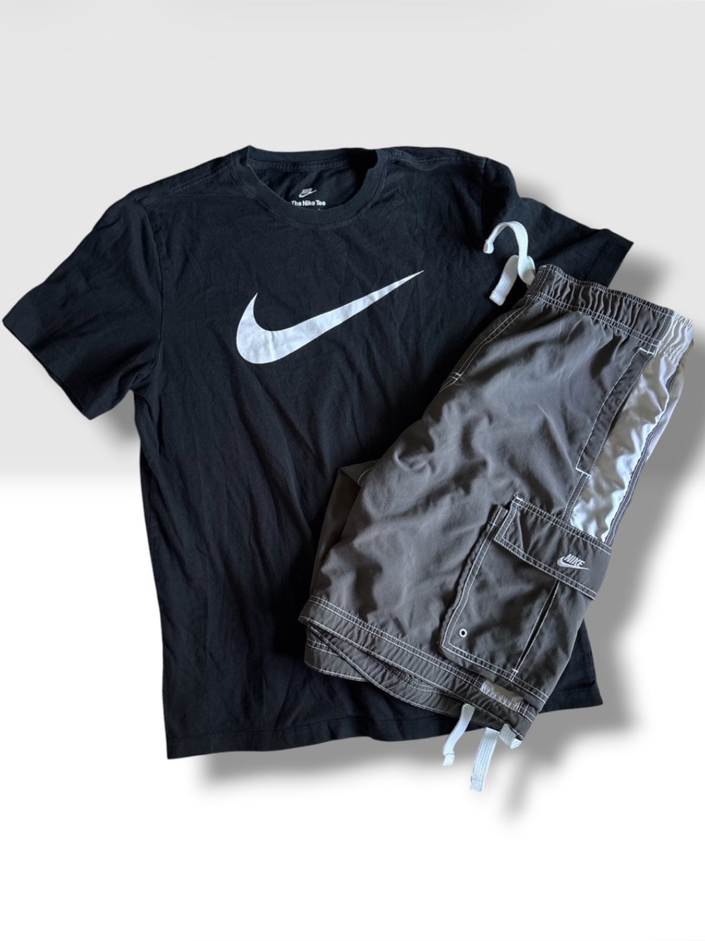 Nike Men’s Outfit Set Large: Y2K Grey Tag Cargo Shorts & Classic Swoosh T-Shirt